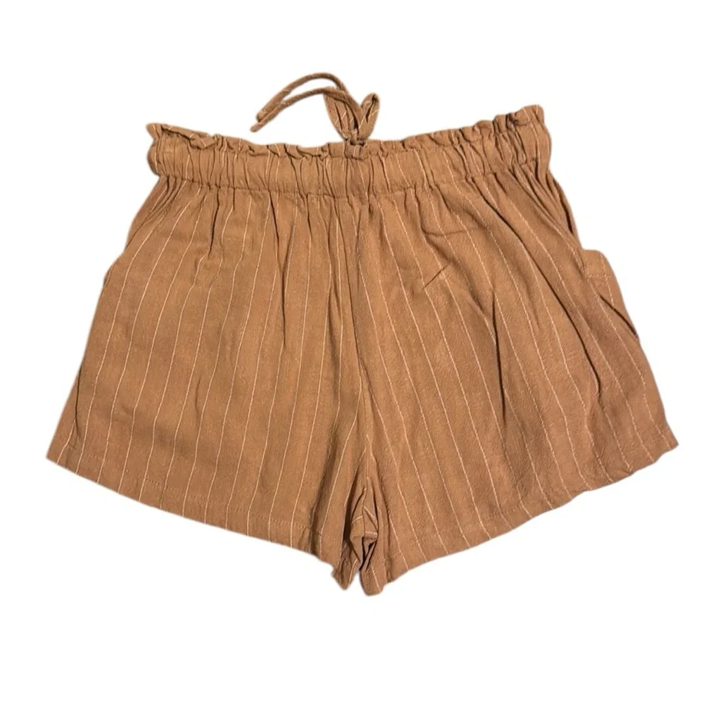 WISHLIST camel colored pinstripe paper bag shorts